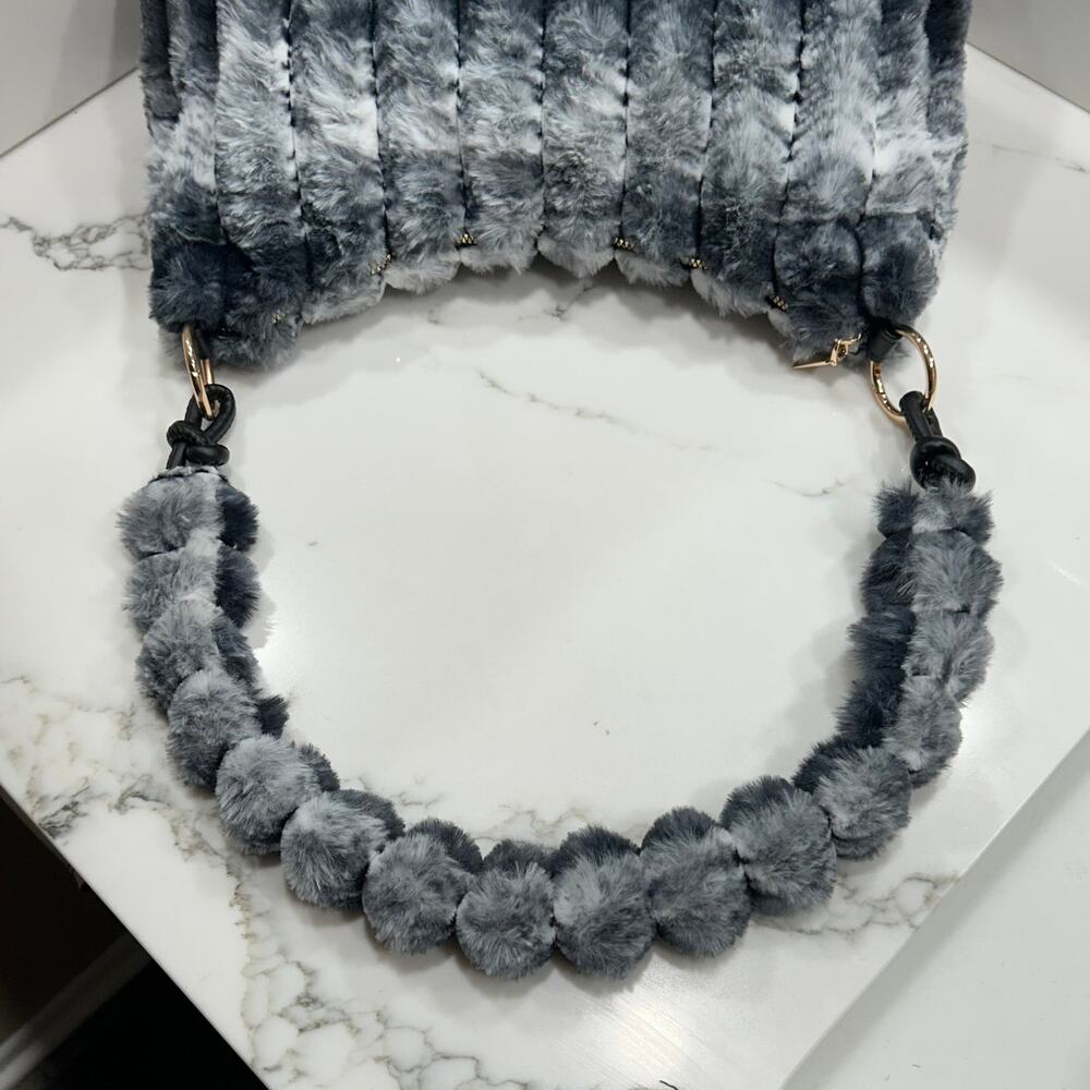 Y2K Blue-Gray Faux Fur Shoulder Bag Plush Ribbed Textured Soft Purse Unbranded - Picture 4 of 12